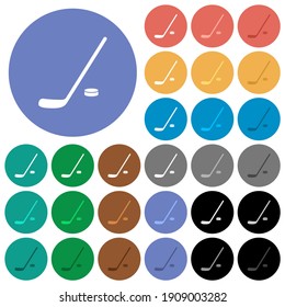 Hockey stick and puck multi colored flat icons on round backgrounds. Included white, light and dark icon variations for hover and active status effects, and bonus shades.