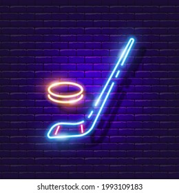 Hockey stick and puck neon icon. Winter active outdoor leisure ice skates. Skate rental sign. Winter sports concept. Hockey symbol.