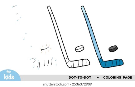 Hockey stick and puck. Numbers dot to dot game and coloring page, education activity worksheet for children