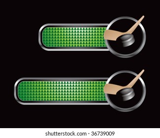 hockey stick and puck on green checkered tabs