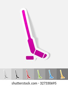 hockey stick and puck paper sticker with shadow. Vector illustration