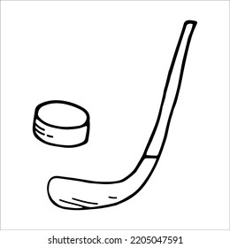 Hockey stick   puck set doodle style vector illustration isolated white background