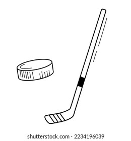 Hockey stick and puck set doodle vector illustration isolated on white background