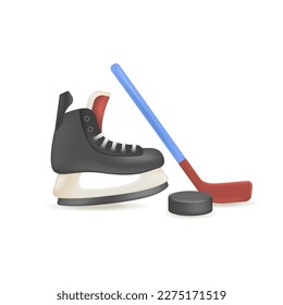 Hockey stick  puck   skate 3D illustration  Cartoon drawing equipment for hockey players in 3D style white background  Sports  healthy lifestyle  recreation concept