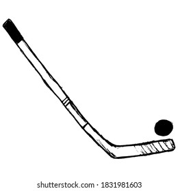 Hockey stick and puck, sport items. Vector sketch in children style. Can be used as illustration