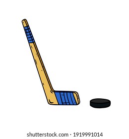 Hockey stick and puck. Sports equipment. Winter Games. Cartoon illustration