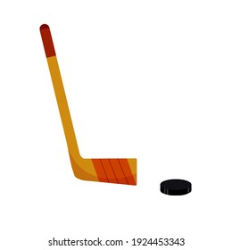 Hockey stick and puck. Sports equipment. Winter Games. Flat cartoon illustration isolated on white