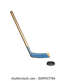 Hockey stick and puck. Sports equipment for athletes. Isolated on white background. Symbol, icon. Colorful Illustration Vector