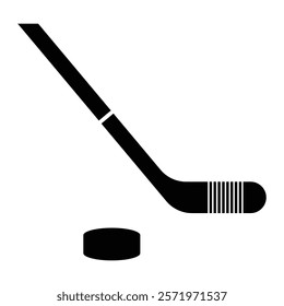 Hockey stick and puck vector icon. Ideal for sports, ice hockey, or team logo designs. Black silhouette isolated on white background.