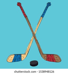 Hockey stick with puck. Vector illustration of a hockey stick. Hand drawn sports equipment hockey stick for playing hockey with a puck.
