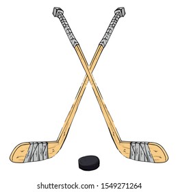 Hockey stick with puck. Vector illustration of a hockey stick. Hand drawn sports equipment hockey stick for playing hockey with a puck.