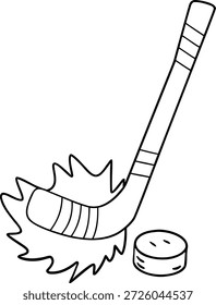 Hockey Stick and Puck Vector Illustration - Coloring Page for Kids