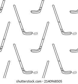 Vector de contorno de doodle sin soldadura de palo de hockey. Textura para fondo, folleto, etiqueta, impresión, tarjeta de saludo, embalaje, mercancía, libro, afiche, tela, envoltura, escaparate, textil.