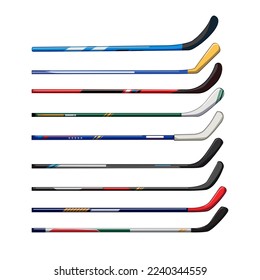 Hockeystick Set Cartoon. Gerätesport, Eisspiel, Aktivitätswettbewerb, Puckzeit, Hockeystick-Vektorgrafik