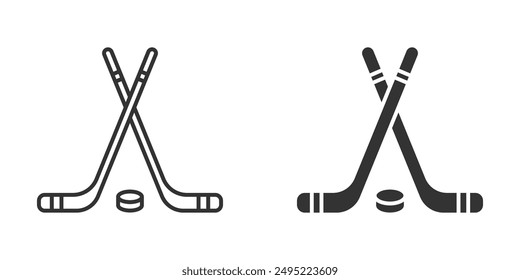 Hockey sticks crossed with puck icons in outline and silhouette styles. Perfect for sports, game, and recreation themes. Vector illustration.