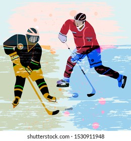 Hockey sticks in a gamble - abstract background in grunge style - art, vector. Winter sport. Hockey.