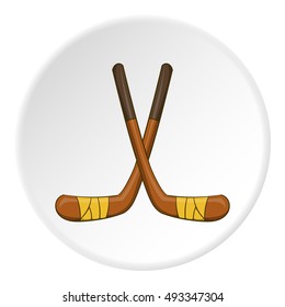 Hockey sticks icon in cartoon style isolated on white circle background. Sport symbol vector illustration