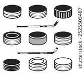 Hockey Sticks Icon Set. Icon of Crossed Ice Hockey Sticks. Hockey puck icon. Ice hockey game player. Sports equipment.