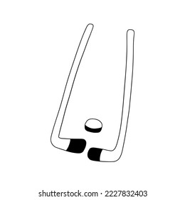 Hockey sticks and puck. Equipment for playing on ice. Winter sport, leisure and activity. Black and white vector isolated illustration hand drawn doodle design element