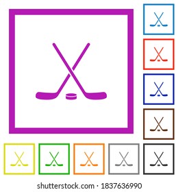 Hockey sticks with puck flat color icons in square frames on white background