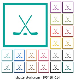 Hockey sticks with puck flat color icons with quadrant frames on white background