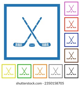 Hockey sticks with puck flat color icons in square frames on white background
