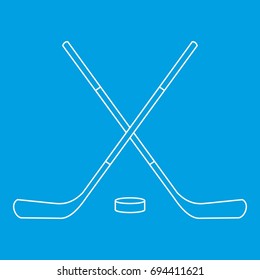 Hockey sticks and puck icon blue outline style isolated vector illustration. Thin line sign