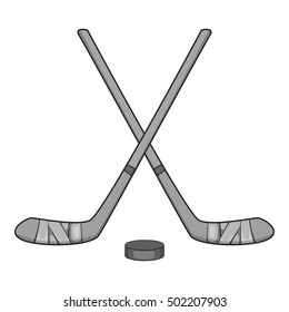 Hockey sticks and puck icon. Gray monochrome illustration of hockey sticks and puck vector icon for web