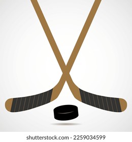 Hockey sticks and puck isolated on white background, vector illustration, eps 10