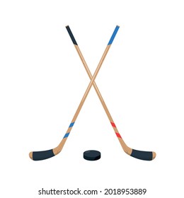 Palos de hockey y juego de patines. Equipo deportivo para jugar al hockey sobre hielo. Ilustración vectorial plana aislada en fondo blanco.