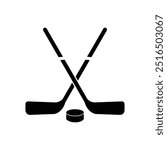 Hockey sticks with puck sign for sport design. Ice Hockey icon, Hockey sticks, used in ice hockey games. cues with puck isolated on white background. 