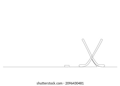 Hockey sticks and puck. Hockey stick, sports ice, play equipment, goal or competition, leisure. Continuous line drawin. Vector illustration.