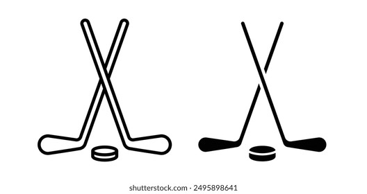 hockey sticks and puck vector icon set in black color.