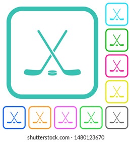 Hockey sticks with puck vivid colored flat icons in curved borders on white background