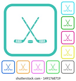 Hockey sticks with puck vivid colored flat icons in curved borders on white background