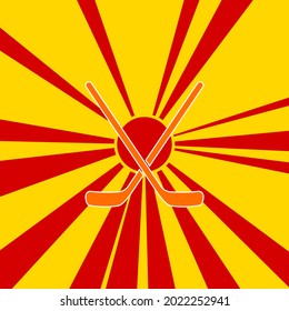 Hockey symbol on a background of red flash explosion radial lines. The large orange symbol is located in the center of the sun, symbolizing the sunrise. Vector illustration on yellow background