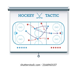 Hockey Tactic Scheme. Rink Group Game Playbook On Wall Screen Board, Ice Arena Field Tactical Vector Illustration, Frozen Stadium Champion Strategy