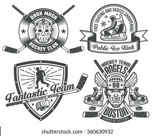 Hockey tattoos and logos with sticks, washers, skates gauntlets, masks. Text is grouped and can be easily removed.