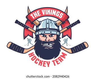 Hockey team emblem with Viking head and crossed sticks. Hockey retro viking logo. Vector illustration.