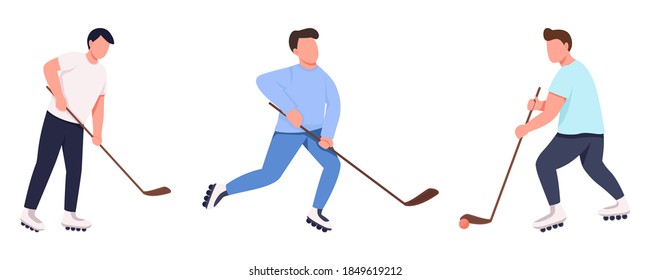 Hockey team flat color vector faceless character set. Players with stick and puck. Sportsman on roller skates. Competitive sport isolated cartoon illustration for web graphic design and animation pack