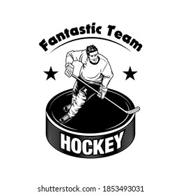 Hockey team label vector illustration. Ice hockey player in helmet, uniform and skates, puck with text. Sport or fan community concept for emblems and labels templates