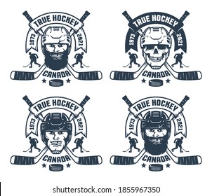 Hockey team logo in retro style. Hockey player head and skull badge with crossed sticks. Vector illustration.