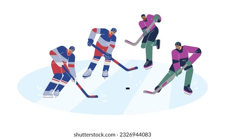 Hockey team on ice arena with sticks. Hockey winter sports players during match in stadium, cartoon flat vector illustration isolated on white background