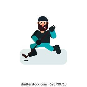 Hockey team player with stick and puck. Isolated sport character man flat vector illustration
