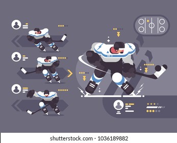 Hockey team players. Group of guys in helmets and sticks. Vector illustration