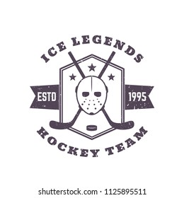 Hockey team vintage emblem, print with mask and crossed sticks