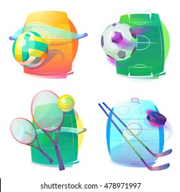 Hockey and tennis, volleyball and soccer gear icons or logo. Ice hockey and tennis, volleyball and soccer or football accessories or gear.