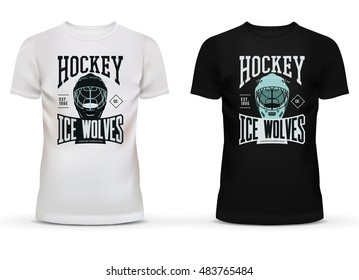 Hockey theme printing on t-shirt with goalkeeper or goalie helmet. Ice wolves legendary team advertisment on cotton sportswear or uniform. Good for athletic fans and cloth trading shops