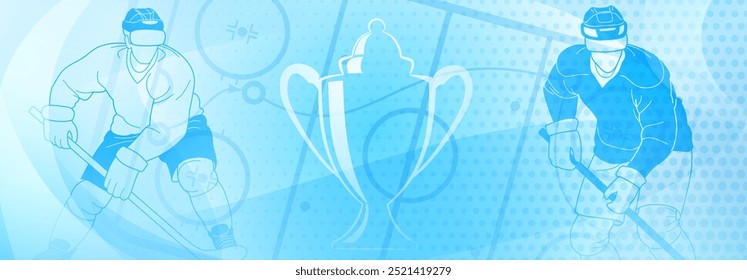 Hockey themed background in blue. Digital illustration featuring two hockey players, one on each side of the frame, with a trophy in the center. The background has abstract patterns.