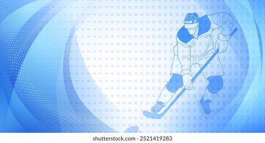 Fondo temático de hockey en azul. Ilustración digital con un jugador de hockey en medio de la acción, con un fondo punteado que sugiere movimiento y velocidad.